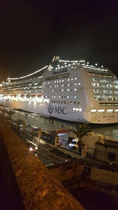 a large cruise ship docked in the water at night with lights on it's side