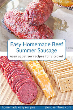 Two images: One of homemade beef summer sausage sliced on a wooden cutting board with cheese slices and crackers.  The second of two uncut homemade summer sausage rolls sitting on a baking tray. Ground Beef Summer, Appetizer Recipes For A Crowd, Party Planning List, Beef Summer Sausage, Homemade Ground Beef, Dessert Boards, Recipes For A Crowd, Homemade Appetizer, Planning List