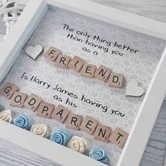 two scrabbles in a shadow box with the words friend and godparrent