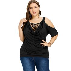 Plus Size Cowl Neck Blouson T-shirt - Black - 3775331413 - Women's Clothing, Plus Size Women's Clothing  #PlusSizeWomensClothing #Women's #Clothing # #Plus #Size #Women's #Clothing Short Sleeve Coat, Plus Size Summer Fashion, Black Lace Shorts, Cold Shoulder Lace, Lace Tshirt, Tops Casual, Plus Size Summer, Tunic Shirt, Casual Blouse