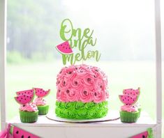 a watermelon themed cake and cupcakes on a table with grass in the background