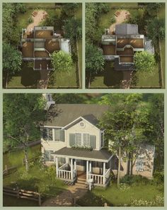 three views of a house from above and below