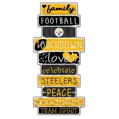 the pittsburgh football team sticker is shown in black, yellow and white with words on it