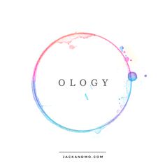 a circle with the word ollogy written in black ink on top of it and watercolor