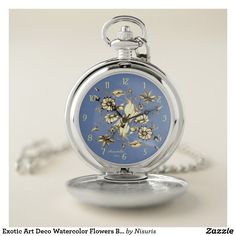 Exotic Art Deco Watercolor Flowers Blue Grey Pocket Watch 25 Years Together, Mens Monogram, Ruby Anniversary, 2nd Wedding Anniversary, Best Man Wedding, 11 December, Silver Wedding Anniversary, 25th Wedding Anniversary, Silver Anniversary