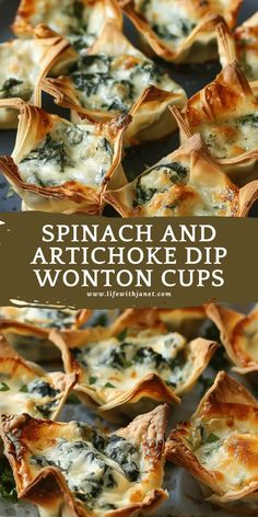 spinach and artichoke dip wonton cups on a baking sheet with text overlay