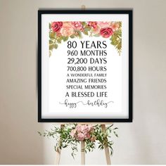 a sign that says 80 years and has pink flowers on the top of it in front of a white wall