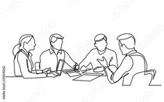 four people sitting at a table having a meeting one line drawing on white background illustration