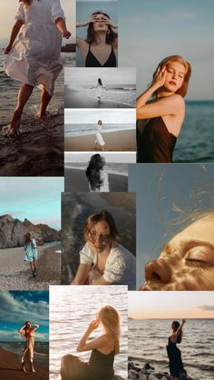 a collage of photos with people on the beach and in the water, one woman is holding her head