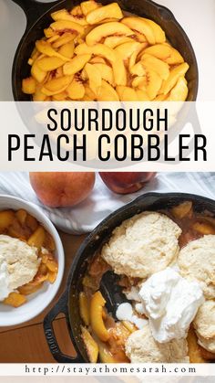 peach cobbler in a cast iron skillet with fresh peaches and whipped cream