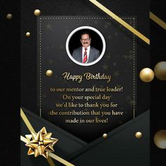 a black and gold birthday card with an image of a man in a suit on it