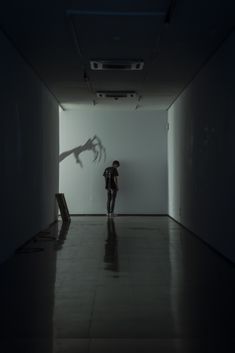 a person standing in an empty room with their shadow projected on the wall