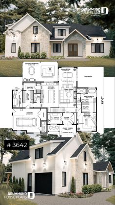 two story house plans with three car garages and an open floor plan for the front