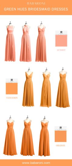 the different types of dresses are shown in orange and pinks, including one with an asymmetrical neckline