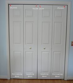 three white doors labeled with the names of each door