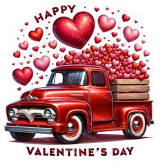 an old red truck with hearts flying out of it's bed and the words happy valentine's day