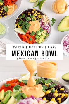 View on a Mexican buddha bowl Vegan Burrito Bowl Sauce, Vegan Mexican Bowl Recipe, Vegetarian Protein Bowl Recipes, Mexican Buddha Bowl Vegan, Mexican Vegan Bowl, Whole Food Plant Based Mexican Recipes, Vegan Southwest Bowl, Mexican Veggie Bowl, Meal Prep Mexican Bowl