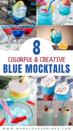 colorful and creative blue cocktails with text that reads 8 colorful and creative blue mocktails