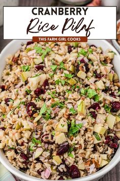 cranberry rice pilaf in a white bowl with the title above it