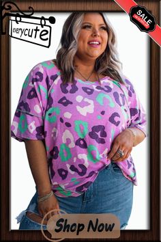 Purple Leopard Kiss Print Plus Size Short Sleeve Tee Purple Relaxed Fit Casual Top, Purple Relaxed Fit Tops For Day Out, Casual Purple Blouse Relaxed Fit, Purple Relaxed Fit Crew Neck Blouse, Purple Tops For Fall Day Out, Kiss Print, Women's Outfits By Occasions, Purple Leopard, Clothing Plus Size