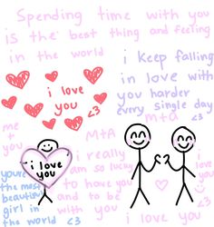 two stick figures holding hands with hearts in the background