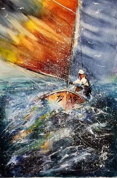 a painting of a man on a sailboat in the ocean