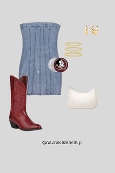 denim dress outfit inspo for florida state! click link for full outfit details on amazon :) #fsu #floridastateuniversity #gameday #footballgame Florida State Game Day Outfit, Fsu Outfits, Denim Dress Outfit, Florida State University, Gameday Outfit, Florida State, Dress Outfit, Outfit Details