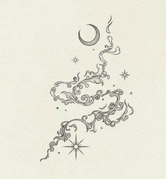 a drawing of a crescent with stars and swirls on the bottom half of it