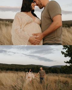 a pregnant couple holding hands and walking through tall grass