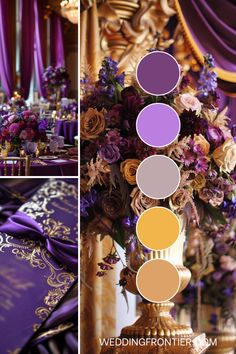 Pin this for luxurious wedding inspiration: a royal purple and gold theme exudes sophistication and timeless beauty. From regal invitations to opulent decor and majestic attire, every detail of your day will reflect elegance and grandeur, creating unforgettable memories. Wedding Decorations Purple And Gold, Wedding Colors Purple And Gold, Royal Color Scheme, Wedding Color Schemes December, Purple Themed Wedding Ideas, Royal Purple And Gold Wedding Theme, Purple And Gold Decor, Purple And Yellow Wedding Theme, Royal Purple And Gold Wedding