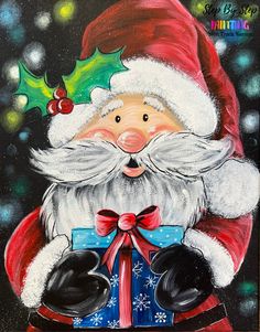 a painting of a santa clause holding a present