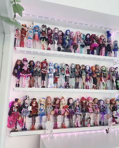 a shelf filled with lots of different colored dolls