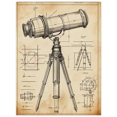 a drawing of a telescope on top of a tripod with drawings in the background