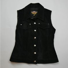 -Harley Davidson Genuine Suede Leather Vest -Size: Small -100% Genuine Leather -Button Snap Front Closure -New Without Tags Fitted Leather Jacket With Snap Buttons, Black Harley Davidson, Harley Davidson Jacket, Leather Vest, Womens Vest, Suede Leather, Harley Davidson, New Color, Genuine Leather