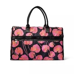 Easily carry all your things in style on your next vacation with the Geranium Leaf Weekender Bag from Diane von Furstenberg. Designed with geranium leaf pink/black pattern, this unstructured bag has a spacious main compartment that closes with a zipper and double-snap closure to keep your things secured yet close at hand. With interior zip and cell phone pockets plus an exterior zip pocket, you'll have plenty of storage space, and double handles make it easy to carry around. Made of 100% Recycle Pink Geranium, Dvf Diane Von Furstenberg, Weekend Travel Bags, Travel Duffle, Duffle Bag Travel, Pink And Black, Black Pattern, Weekender Bag, Duffel Bag