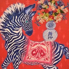 a painting of a zebra standing next to a vase with flowers