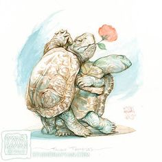 a drawing of two tortoises hugging each other with a rose in the background