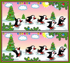 the penguins are skating around the christmas tree on their skates, and one penguin is riding