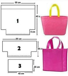 the measurements for a pink tote bag with yellow handles and handles, including two sides