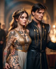 a man and woman dressed in costume standing next to each other with tattoos on their arms