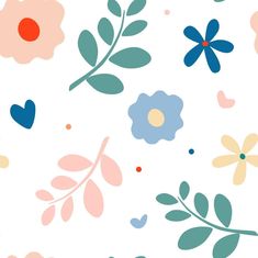 an abstract floral pattern with blue, pink and yellow flowers