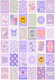 many different colored squares with smiley faces and words on them, all in pastel colors