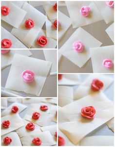 the process of making paper flowers is shown with pink and red buttons on top of them