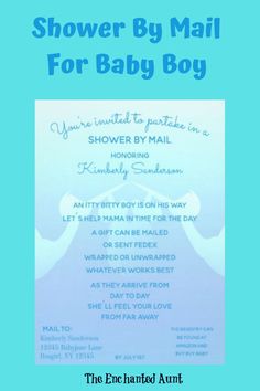 the shower by mail for baby boy is shown in this blue and white photo with text