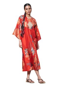 Red bemberg silk kimono dress with floral digital print and sequins hand embroidered yoke. - Aza Fashions Spring Festive Dress With Digital Print, Silk Dresses With Kimono Sleeves, Silk Summer Festive Dress, Summer Festive Silk Dress, Festive Silk Dress With Printed Motifs, Silk Party Dresses With Printed Motifs, Festive Dress With Printed Motifs And Kimono Sleeves, Elegant Silk Dresses With Printed Motifs, Elegant Red Tunic Dress