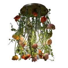 a chandelier with flowers hanging from it's sides and leaves on the bottom