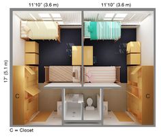 an overhead view of a small bedroom with bunk beds and closets on the other side