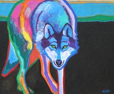 an acrylic painting of a wolf with blue eyes and long tail walking in the grass