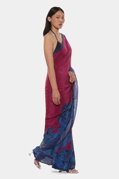 Fuchsia pink crepe saree with all over multi color floral print and contrast blue waves print border. Comes with running blouse piece. - Aza Fashions Pink Pre-draped Saree With Printed Motifs For Festivals, Silk Pre-draped Kalamkari Saree, Pink Silk Traditional Wear For Formal Occasions, Pink Silk Pre-draped Saree For Eid, Formal Pink Silk Traditional Wear, Formal Pink Blouse Piece With Dupatta, Pink Saree For Formal Festivals, Pink Formal Blouse With Traditional Drape, Pink Silk Blouse Piece For Formal Occasions