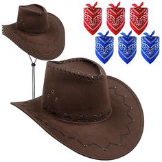 PRICES MAY VARY. 【Sufficient Quantity】You will get 6 cowboy hats and 6 bandana, each outside dimensions is 14.6 x 13.4 x 7.1 inches, with a circumference of 22.5 inches, fit most adults, both men and women. The quantity is sufficient enough for your daily or party wearing needs 【High Quality Materials】These cowboy hats bulk are made of faux suede, thin and comfortable, can be wear for a long time without being stuffy, durable, not easy to deform or break, sturdy and beautiful in appearance, not Brown Cowboy Hat, Women Costume, Paisley Bandana, Western Cowboy Hats, Red Bandana, Cowgirl Hats, Dance Performance, Matches Fashion, Different Outfits